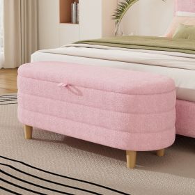 Elegant Upholstered Sherpa Fabric Storage Ottoman with Wood Legs, Storage Bench for Bedroom, Living Room, Pink