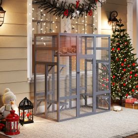 Super-Large Outdoor Cat Catio, Wooden Cat House Enclosure with Insulated Cat Condo, Sun Panel Roof, 4 Platforms, Extra Rainproof Cover, Gray