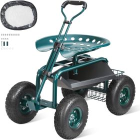 Garden Cart Rolling Workseat with Wheels, Gardening Stool for Planting, 360 Degree Swivel Seat, Wagon Scooter with Steering Handle & Utility Tool Tra
