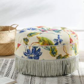 Yolanda 24" Round Upholstered Accent Ottoman, Beige & Tropical Floral with Ivory Trim