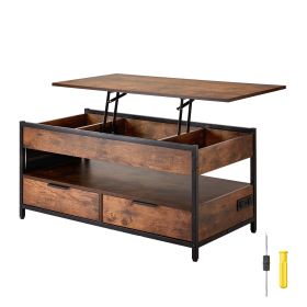 Lift Top Coffee Table, 39.4 in Rectangle Coffee Table with Extra Storage Pockets, Pop Up Coffee Table with Power Strip & USB & Ambient Lighting for L