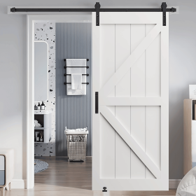 CRAZY ELF 36" x 84" "K" Style Real Primed Door Slab + 6.6FT Barn Door Sliding Hardware + Adjustable Floor Guider + Pull Handle