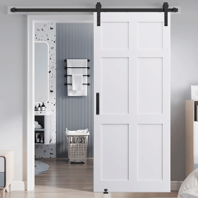CRAZY ELF 28" x 84" Six Paneled Real Primed Door Slab + 6.6FT Barn Door Sliding Hardware + Adjustable Floor Guider + Pull Handle