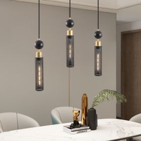 25" Modern Black and Gold 3-Light Pendant Chandelier, Adjustable Hanging Lights with Cylindrical Mesh Shades, E26 Base, Ideal for Dining Room, Kitche