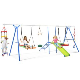 6 in 1 Swing Set for Kids, Toddle Outdoor Swing and Slide Set, Backyard Playground Playsets with Climbing Rope ladder, Disc Swing, Monkey Bar Swi