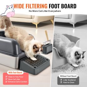 Cat Litter Box, 6 inches Deep, XL Extra Large Stainless Steel Cat Litter Box with Scoop, Wide Filtering Foot Board & High Sides, Enclosed Odor-Free E