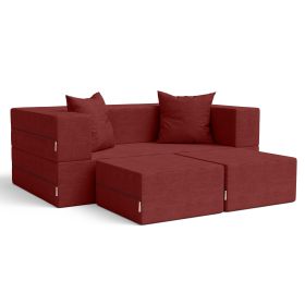 Jaxx Zipline Convertible Sleeper Loveseat & Ottomans (Color: Textured Microvelvet  Berry Red)
