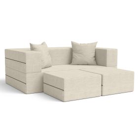 Jaxx Zipline Convertible Sleeper Loveseat & Ottomans (Color: Textured Microvelvet  Ivory)