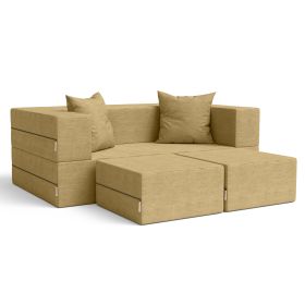 Jaxx Zipline Convertible Sleeper Loveseat & Ottomans (Color: Textured Microvelvet  Camel)