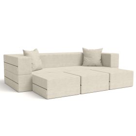 Jaxx Zipline Convertible Sleeper Sofa & Three Ottomans/California King Size Bed Textured Microvelvet (Color: Ivory)