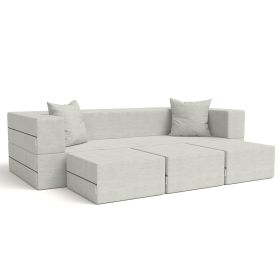 Jaxx Zipline Convertible Sleeper Sofa & Three Ottomans/California King Size Bed Textured Microvelvet (Color: Ice)