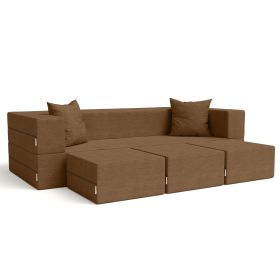 Jaxx Zipline Convertible Sleeper Sofa & Three Ottomans/California King Size Bed Textured Microvelvet (Color: Toffee)