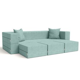 Jaxx Zipline Convertible Sleeper Sofa & Three Ottomans/California King Size Bed Textured Microvelvet (Color: Caribbean)