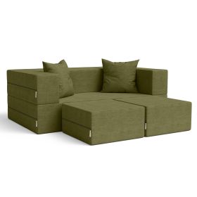 Jaxx Zipline Convertible Sleeper Loveseat & Ottomans (Color: Textured Microvelvet  Moss)