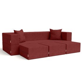 Jaxx Zipline Convertible Sleeper Sofa & Three Ottomans/California King Size Bed Textured Microvelvet (Color: Berry Red)