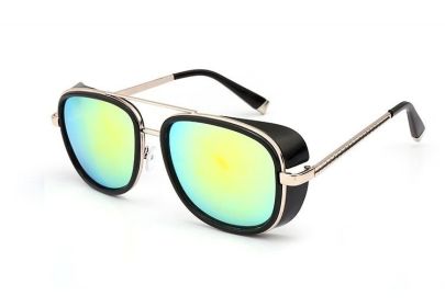Iron Fashion Man 3 IRON TONY Windscreen Sunglasses for Men and Women Double beam Sunglasses Retro Personality Glasses (COLOUR: Black framed gold leg gold color slice)