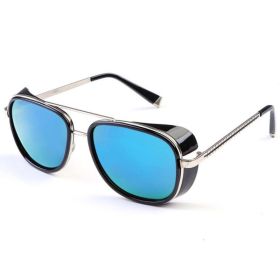 Iron Fashion Man 3 IRON TONY Windscreen Sunglasses for Men and Women Double beam Sunglasses Retro Personality Glasses (COLOUR: Black framed blue color chip)