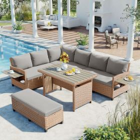 5-Piece Outdoor Patio Rattan Sofa Set; Sectional PE Wicker L-Shaped Garden Furniture Set with 2 Extendable Side Tables; Dining Table and Washable (Color: Brown)
