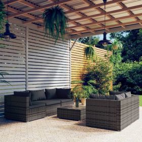6 Piece Patio Lounge Set with Cushions Poly Rattan Gray (Color: Gray)