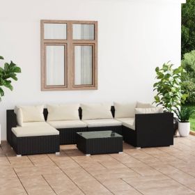7 Piece Patio Lounge Set with Cushions Poly Rattan Black (Color: Black)