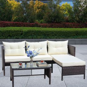 Outdoor patio Furniture sets 3 piece Conversation set wicker Ratten Sectional Sofa With Seat Cushions(Beige Cushion) (Color: as Pic)