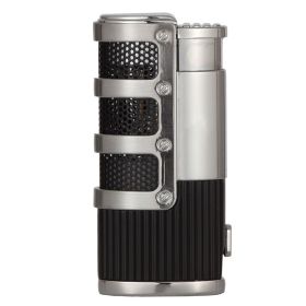 Metal Cigar Lighter Windproof Butane Gas 3 Jet Firepower Cigar Torch Lighter With Punch Cutter Smoking Tool (Color: Black)