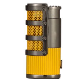 Metal Cigar Lighter Windproof Butane Gas 3 Jet Firepower Cigar Torch Lighter With Punch Cutter Smoking Tool (Color: Yellow)