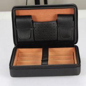 Galiner Travel Leather Case Cigar Humidor Cedar Wood Humidor Box Smoking Accessories Portable Storage Cigars Case (Color: Black)