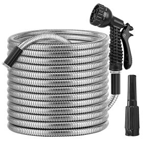 25FT/50FT/100FT Heavy Duty Stainless Steel Garden Hose Garden Watering Kit Metal Water Hose with 2 Nozzles 12 Patterns Flexible Extendable Kink Tangl (Length: 100ft)