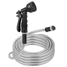 25FT/50FT/100FT Heavy Duty Stainless Steel Garden Hose Garden Watering Kit Metal Water Hose with 2 Nozzles 12 Patterns Flexible Extendable Kink Tangl (Length: 25ft)