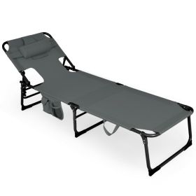 Folding Beach Lounge Chair with Pillow for Outdoor (Color: Gray)