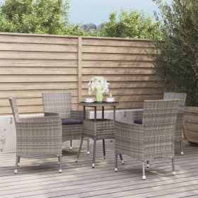 5 Piece Patio Bistro Set with Cushions Gray Poly Rattan (Color: Gray)