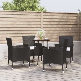 5 Piece Patio Bistro Set with Cushions Black Poly Rattan (Color: Black)