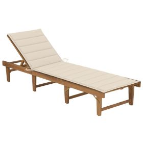 Folding Sun Lounger with Cushion Solid Acacia Wood (Color: Cream)