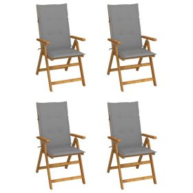 Patio Reclining Chairs 4 pcs with Cushions Solid Acacia Wood (Color: Gray)