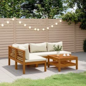 5 Piece Patio Lounge Set with Cream Cushion Solid Acacia Wood (Color: Cream)