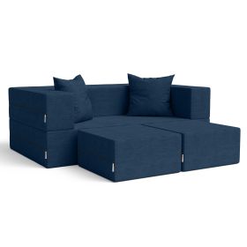 Jaxx Zipline Convertible Sleeper Loveseat & Ottomans (Color: Textured Microvelvet  Indigo)