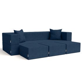 Jaxx Zipline Convertible Sleeper Sofa & Three Ottomans/California King Size Bed Textured Microvelvet (Color: Indigo)