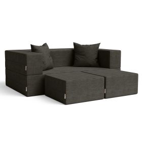 Jaxx Zipline Convertible Sleeper Loveseat & Ottomans (Color: Textured Microvelvet  Charcoal)